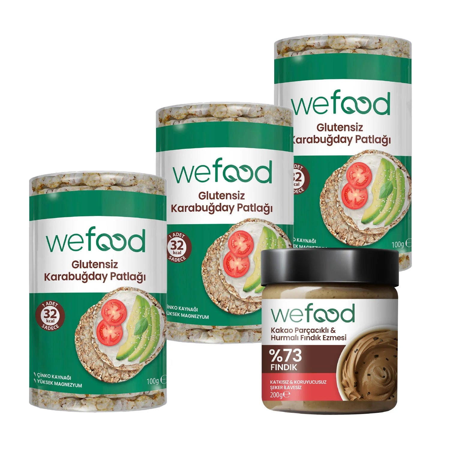 Wefood Kakao Parçacıklı Fındık Ezmesi 200 gr +Wefood Glutensiz Karabuğday Patlağı 100 gr 3'lü
